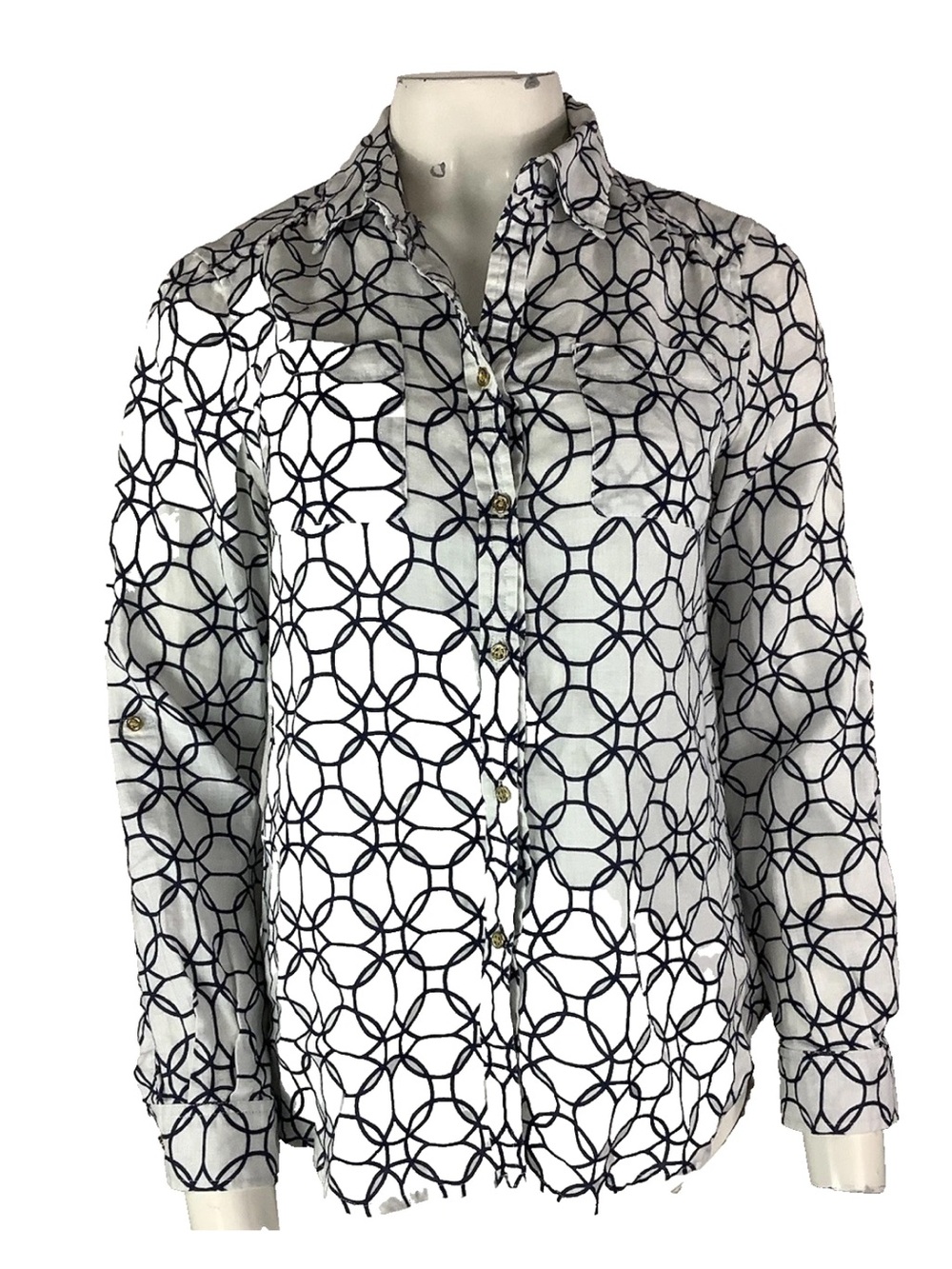 Charter Club Sz S 100% Linen Geometric Print Button Travel Beach Vacation Top